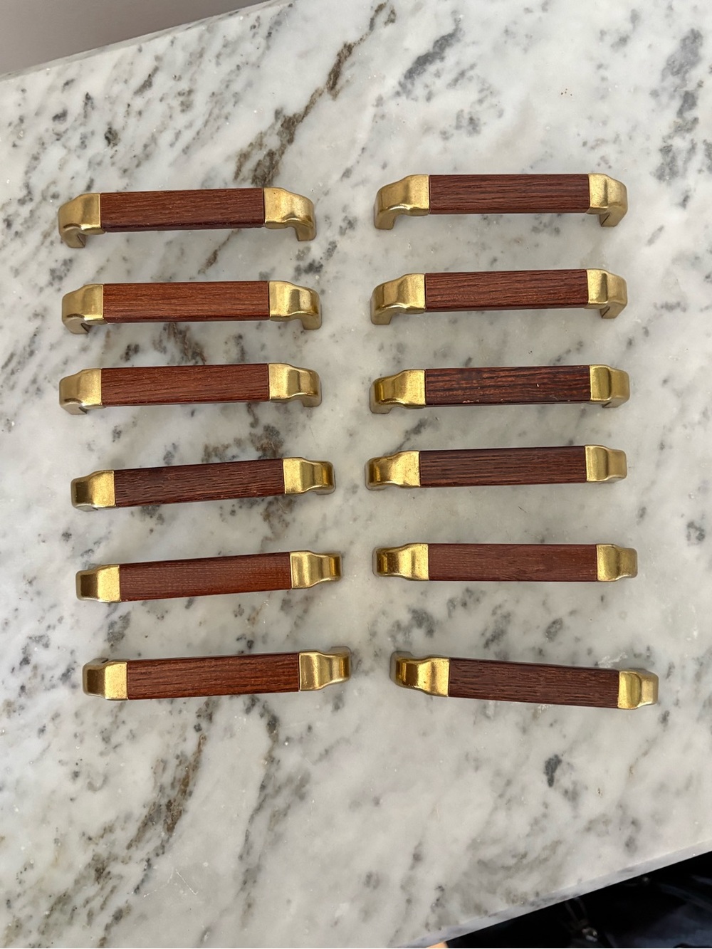 Set of 12 Wood and Brass Cabinet Pulls - Brown and Gold